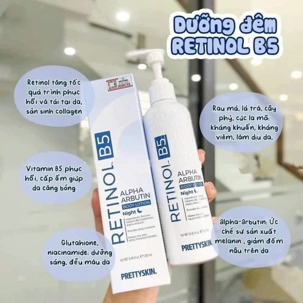 Kem Dưỡng Thể Trắng Da Ban Đêm Body Treatment Pretty Skin Retinol B5 Alpha Arbutin Body Lotion 250ml