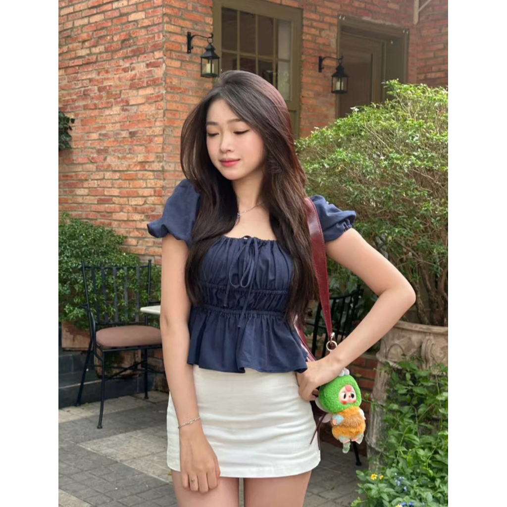 Áo babydoll linen xanh navy Kimhee (Kimee House) tay phồng - size M