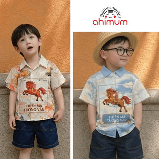 Áo sơ mi bé trai cộc tay Ahimum Thiên Mã vải lụa mềm mát, Áo sơ mi họa tiết cho bé đi học, đi chơi