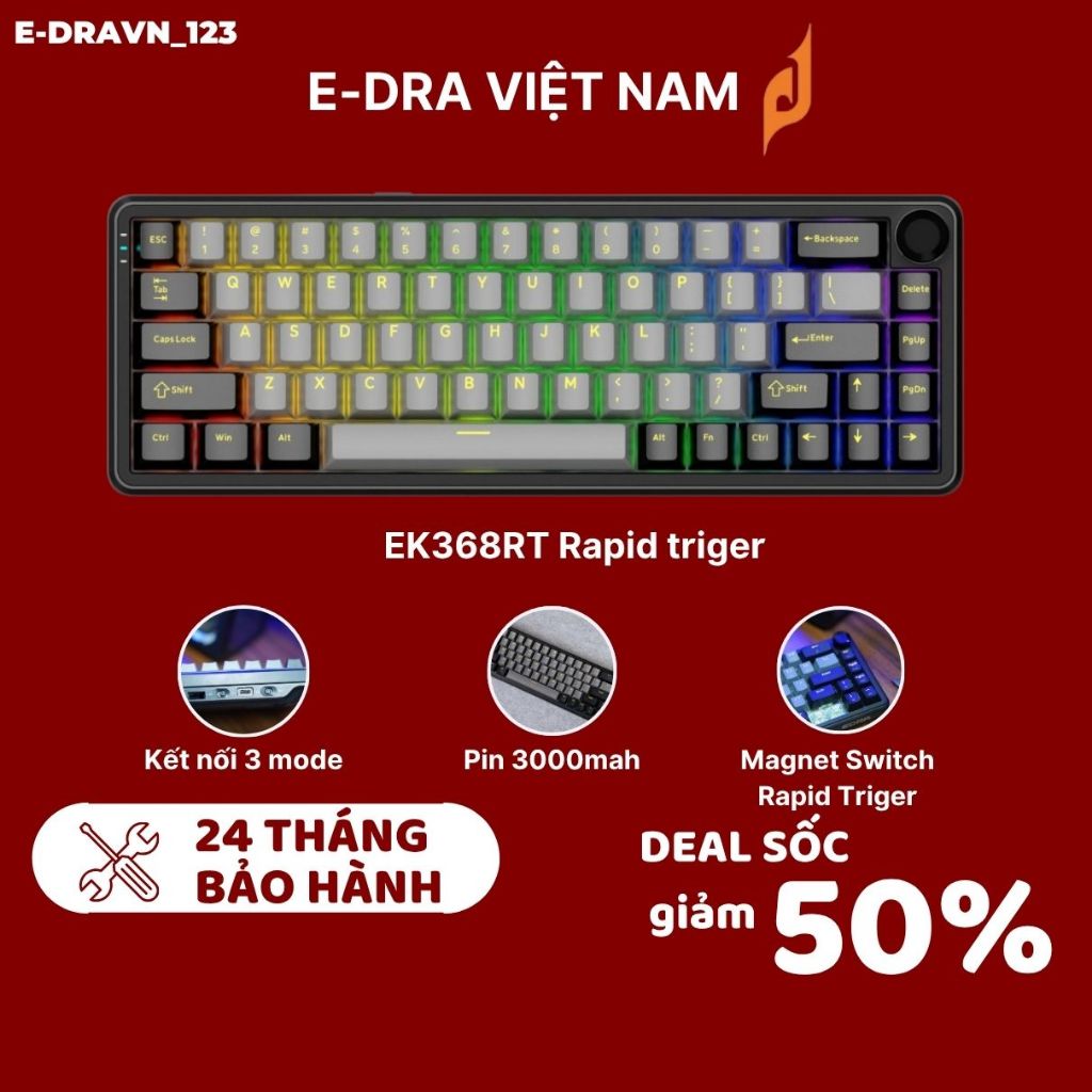 Bàn phím cơ 68% E-DRA EK368RT Rapid Triger, kết nối 3 thiết bị cùng lúc. Bảo hành chính hãng 2 năm. | BigBuy360 - bigbuy360.vn