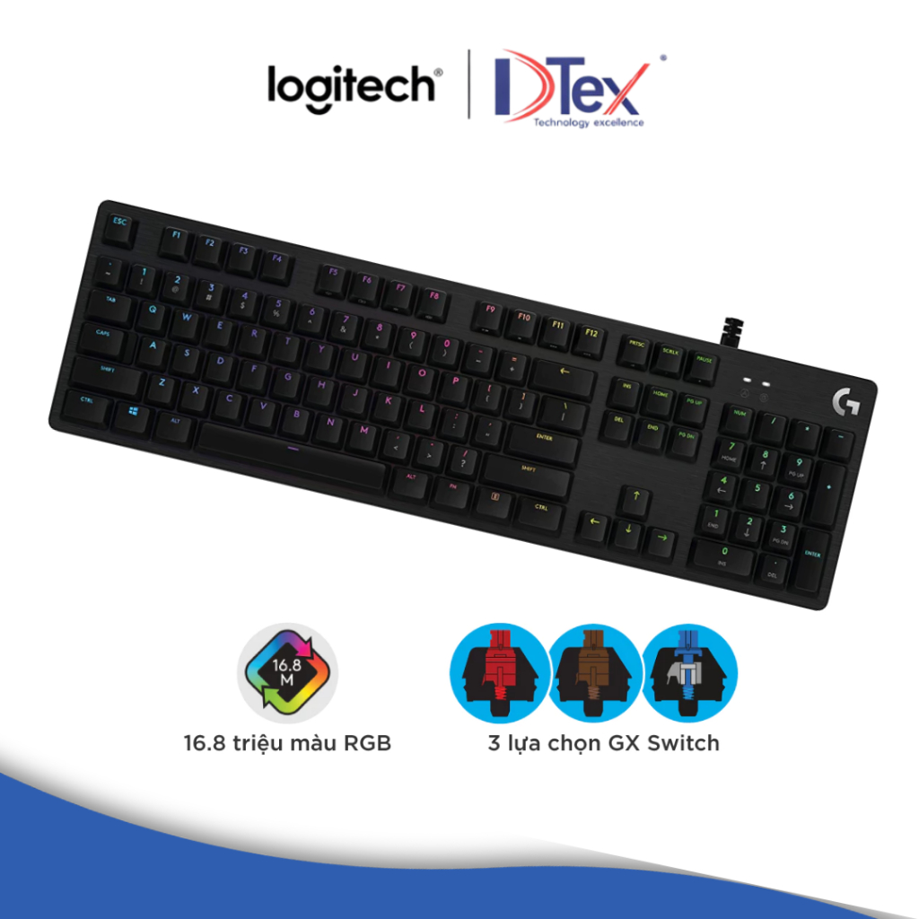 Logitech G512 RGB Mechanical Gaming Keyboard - Switch GX (Clicky, Tactile, Linear), USB 2.0 - Hàng C