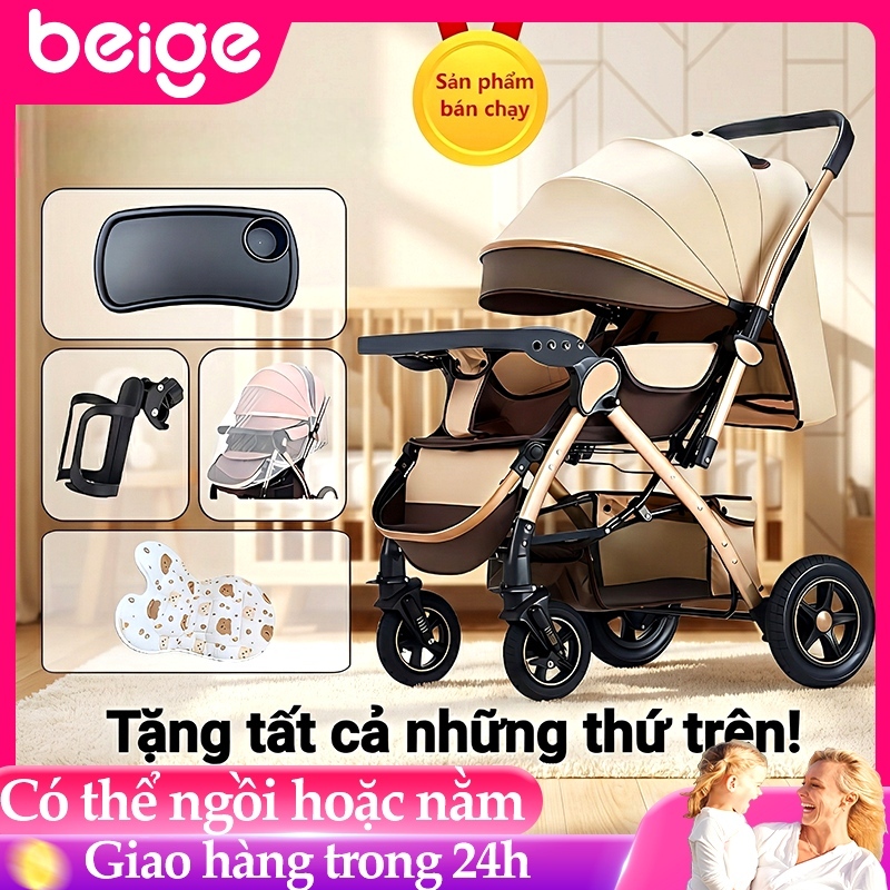 Beige Xe Đẩy Cho Bé, Xe gọn nhẹ, chắc chắn, Đẩy 2 chiều, 3 tư thế nằm, ngả và ngồi. gấp gọn dễ dàng