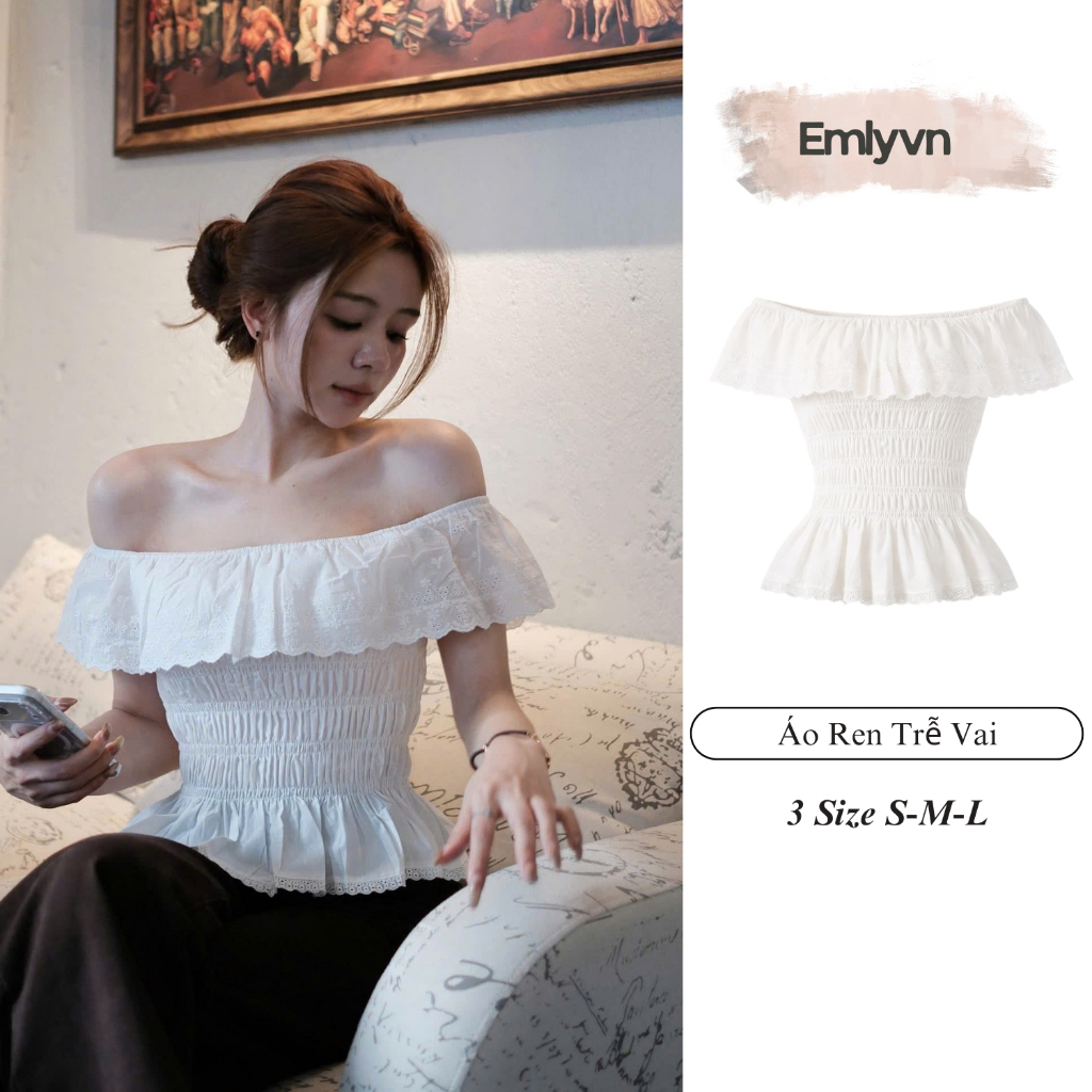 Áo Ren Chun Trễ Vai Nữ EMLYVN Co Giãn 4 Chiều, Áo Ren Dáng Xòe Tiểu Thư Quyến Rũ