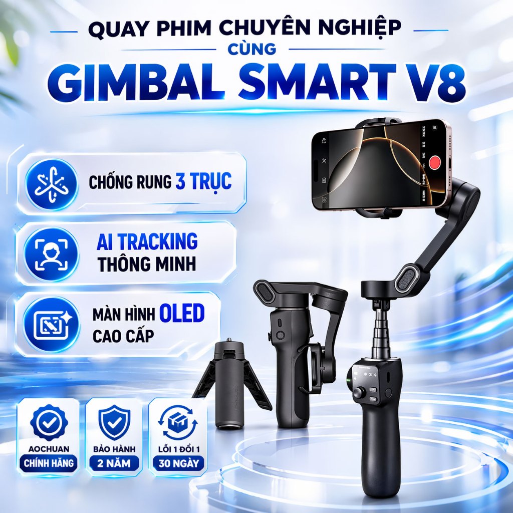 Gimbal Aochuan Smart V8, Tay Cầm Chống Rung Điện Thoại Hỗ Trợ Chụp Ảnh, Quay Phim Chuyên Nghiệp
