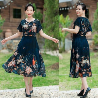 Đầm Trung Niên Nữ Cao Cấp Dáng Xoè ,Tay Cánh Tiển Hoạ Tiết In Hoa Sang Trọng Phù Hợp Đi Tiệc 3405