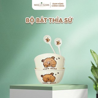 Bộ Bát Thìa Sứ Cao Cấp Hình Capybara – Dễ Thương, An Toàn, Cho bé ăn dặm