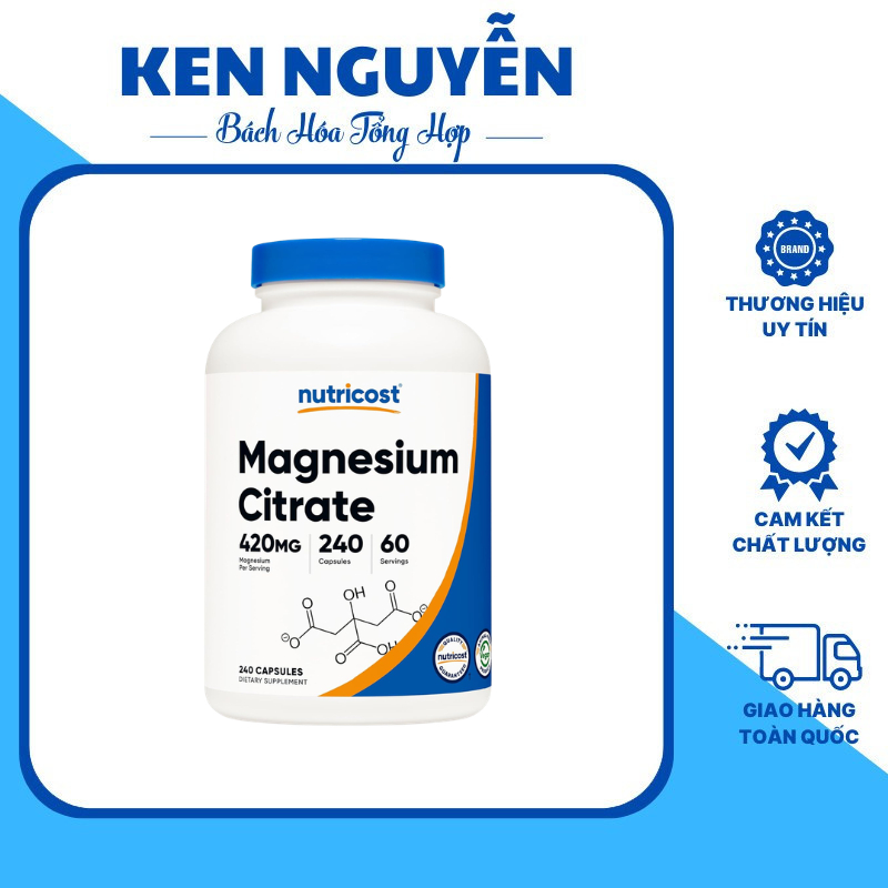 Nutricost Magnesium Citrate - Viên uống bổ sung magie hỗ trợ giảm táo bón, giảm stress, mất ngủ