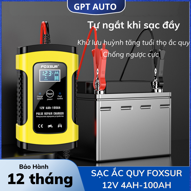 Sạc Bình Ăc Quy Ô Tô Xe Máy Foxsur 12V 4Ah - 100Ah  - Tự Ngắt - Khử Sunfat