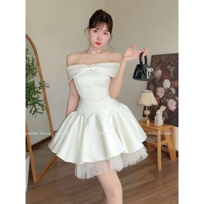 Ribon Dress Wonderhouse Đầm trễ vai dáng xòe chất vải dày dặn dự tiệc sang trọng