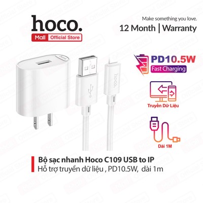 Bộ sạc nhanh PD10.5W USB to IP Hoco C109 dùng cho ip14 trở xuống ,hỗ trợ truyền dữ liệu dài 1m, chân dẹt