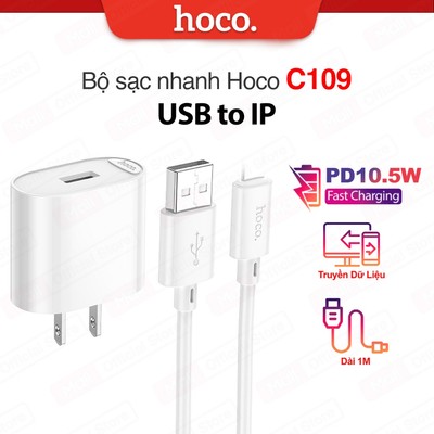 Bộ sạc nhanh PD10.5W USB to IP Hoco C109 hỗ trợ truyền dữ liệu dùng cho ip14 trở xuống dài 1m, chân dẹt