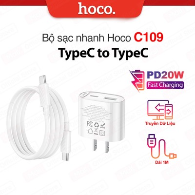Bộ sạc nhanh TypeC to TypeC PD20W Hoco C109 dùng cho 15/16/17/Samsung/Android, gồm 2 cổng sạc USB và Type-C,chân dẹt