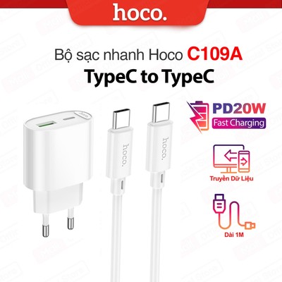 Bộ sạc nhanh TypeC to TypeC PD20W Hoco C109 / C109A dùng cho 15/16/17/Samsung/Android, gồm 2 cổng sạc USB và Type-C