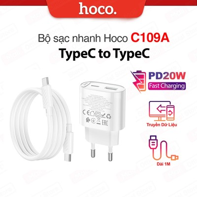 Bộ sạc nhanh Hoco C109A TypeC to TypeC PD20W dùng cho 15/16/17/Samsung/Android gồm 2 cổng sạc USB và Type-C, dài 1m