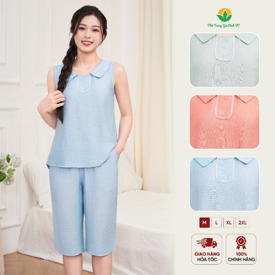 Bộ mặc nhà nữ mùa hè chất Linen đũi, quần lửng, áo sát nách cổ sen thời trang Việt Thắng - B45.5058