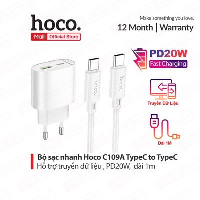 Bộ sạc nhanh Hoco C109A gồm 2 cổng sạc USB và Type-C, kèm dây TypeC to TypeC PD20W dùng cho 15/16/17/Samsung/Android
