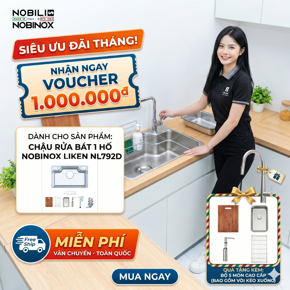 TẶNG VÒI  Chậu rửa 1 hố Nobinox Liken NL792D