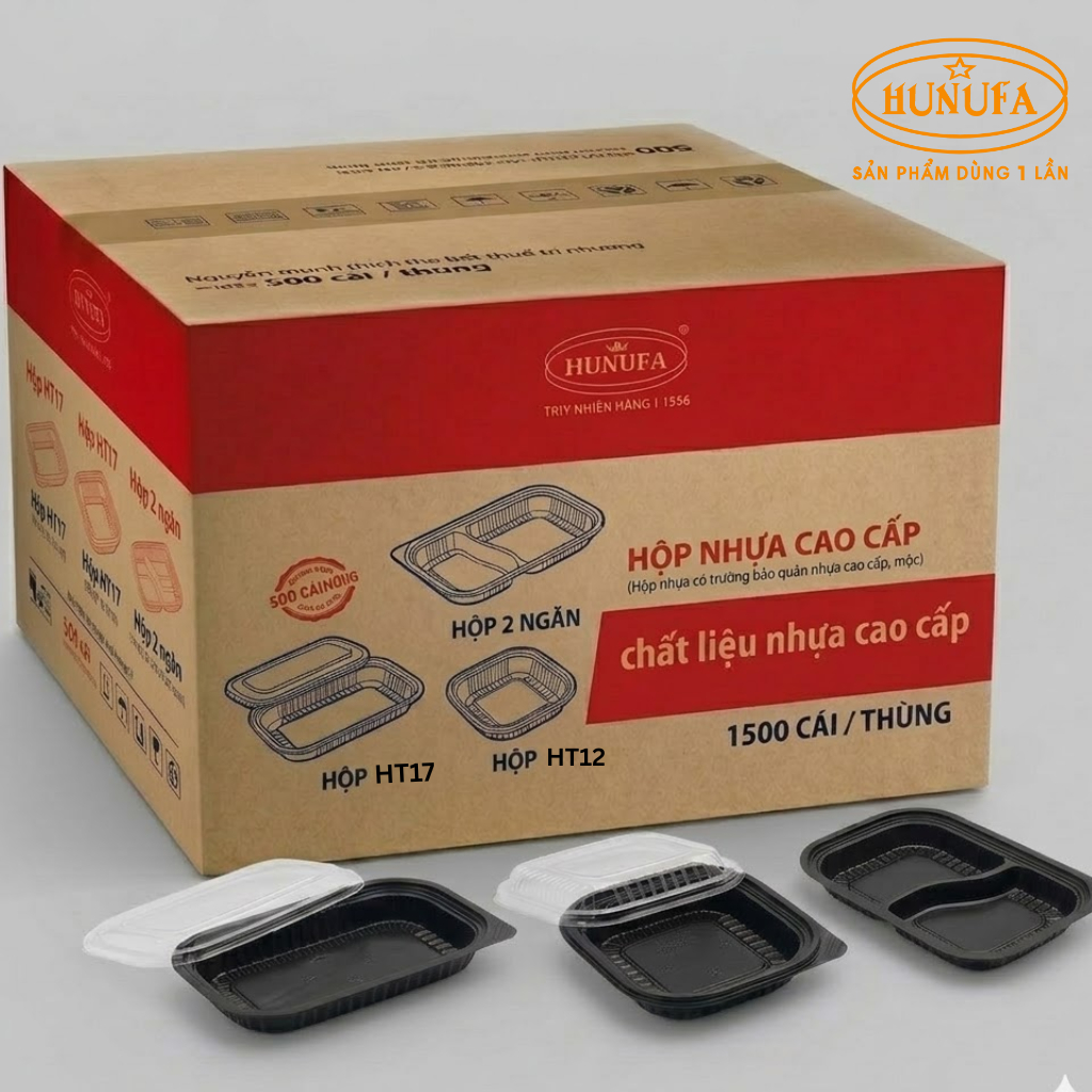 Sỉ 50 Hộp nhựa đế đen nắp trong HT17, HT12, Hộp 2 ngăn Hunufa cao cấp - Hộp nhựa dùng 1 lần đựng thự