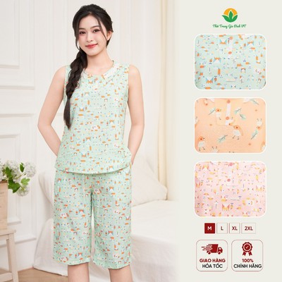 Bộ mặc nhà nữ sát nách chất Cotton Rayon thời trang Việt Thắng quần lửng , áo họa tiết B45.5107