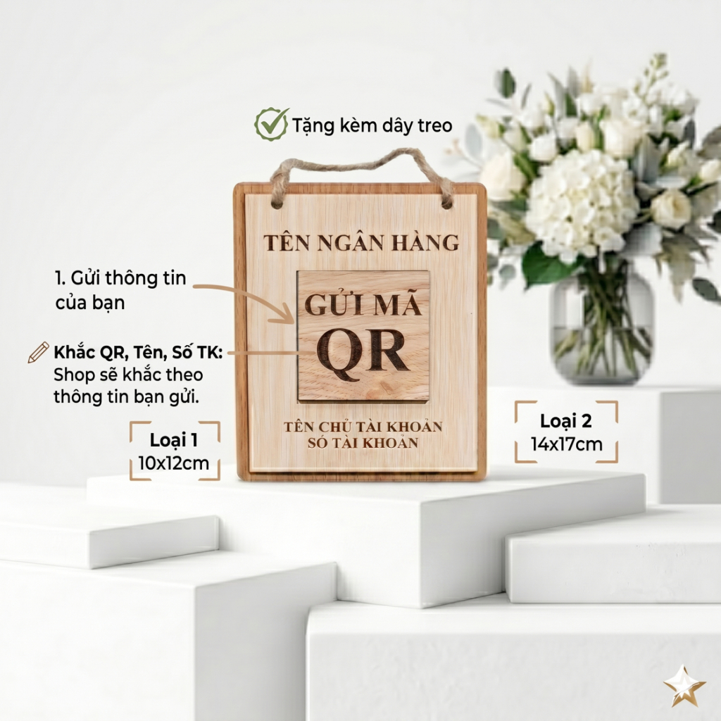 Bảng Gỗ Mã QR Code Thanh Toán Treo – Biển Quét QR Chuyển Khoản Có Kèm Sẵn Dây – Nhận Thiết Kế Theo Y