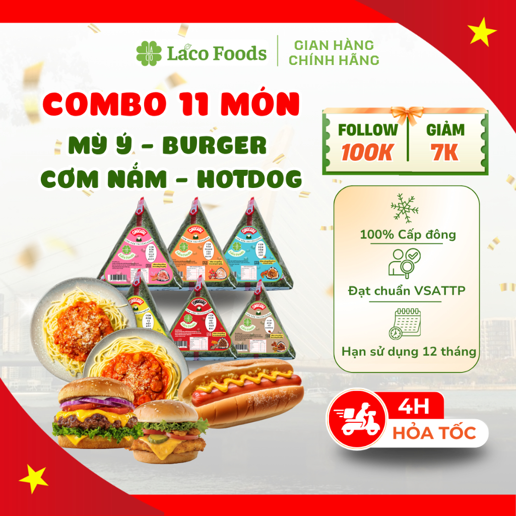 [GIAO HÀNG HỎA TỐC] Combo 11 Món Cơm Nắm Ăn Liền, Burger Ăn Liền, Mì Ý, Hotdog Laco Foods 🍔🍙🍝