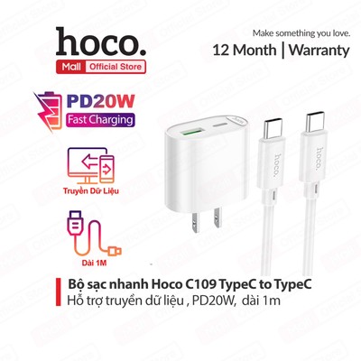 Bộ sạc nhanh Hoco C109 TypeC to TypeC PD20W dùng cho 15/16/17/Samsung/Android, gồm 2 cổng sạc USB và Type-C,chân dẹt