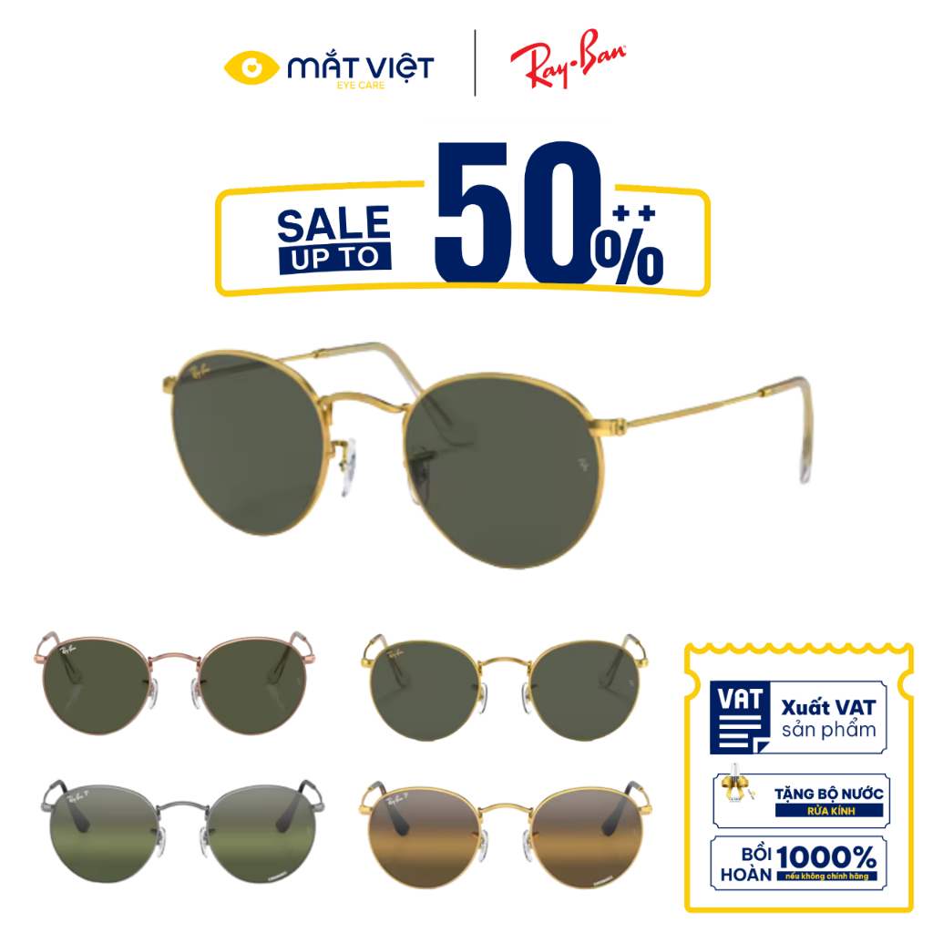 Kính Mát Unisex RAY-BAN 0RB3447, Kính Mát Tròn, Kính Mát Kim loại Cao Cấp, Mắt Kính Chính Hãng Mắt V