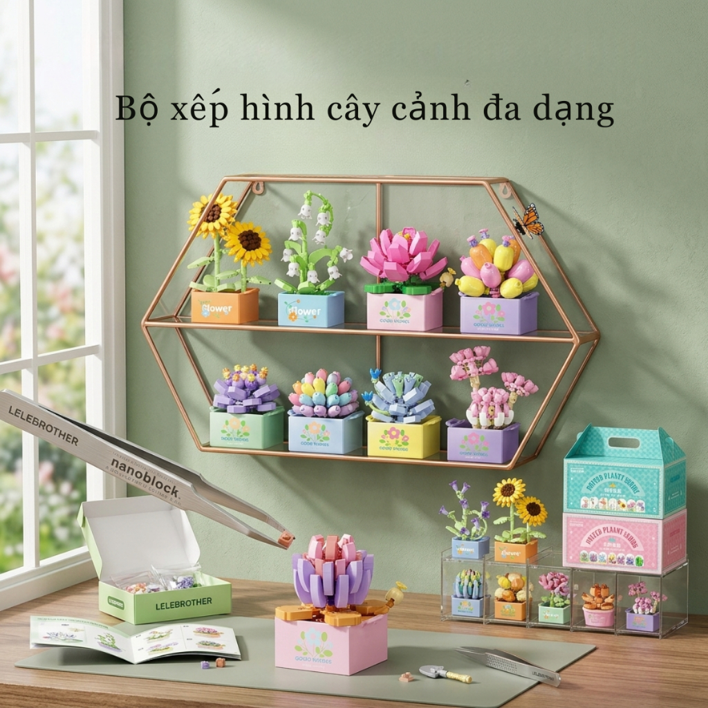 Bộ đồ chơi lắp ghép chậu cây 3D, Combo bộ xếp hình chậu cây mini cho bé