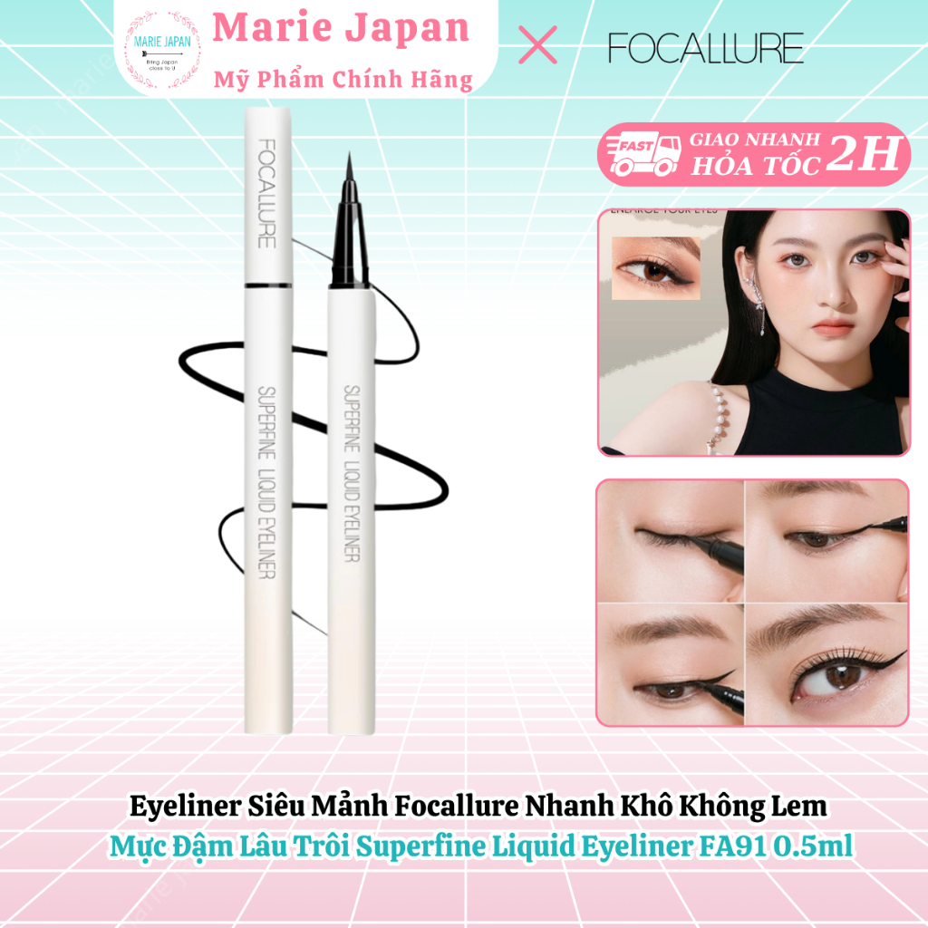 Eyeliner Siêu Mảnh Focallure Nhanh Khô Không Lem Mực Đậm Lâu Trôi Superfine Liquid Eyeliner FA91 0.5