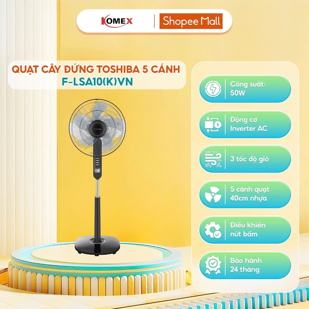 Quạt đứng 5 cánh Toshiba F-LSA10VN, Công suất 50W, 3 tốc độ gió, động cơ bạc thau, Không có Remote, 