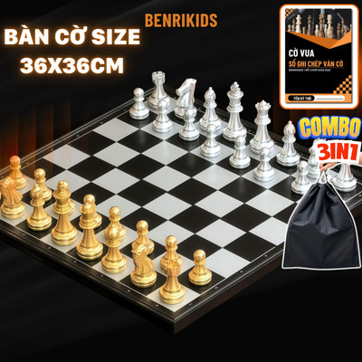 Combo Cờ Vua Mạ Vàng Nam Châm Size To Benrikids Kèm Sổ Ghi Chép Ván Cờ Và Túi Đựng Tiện Lợi