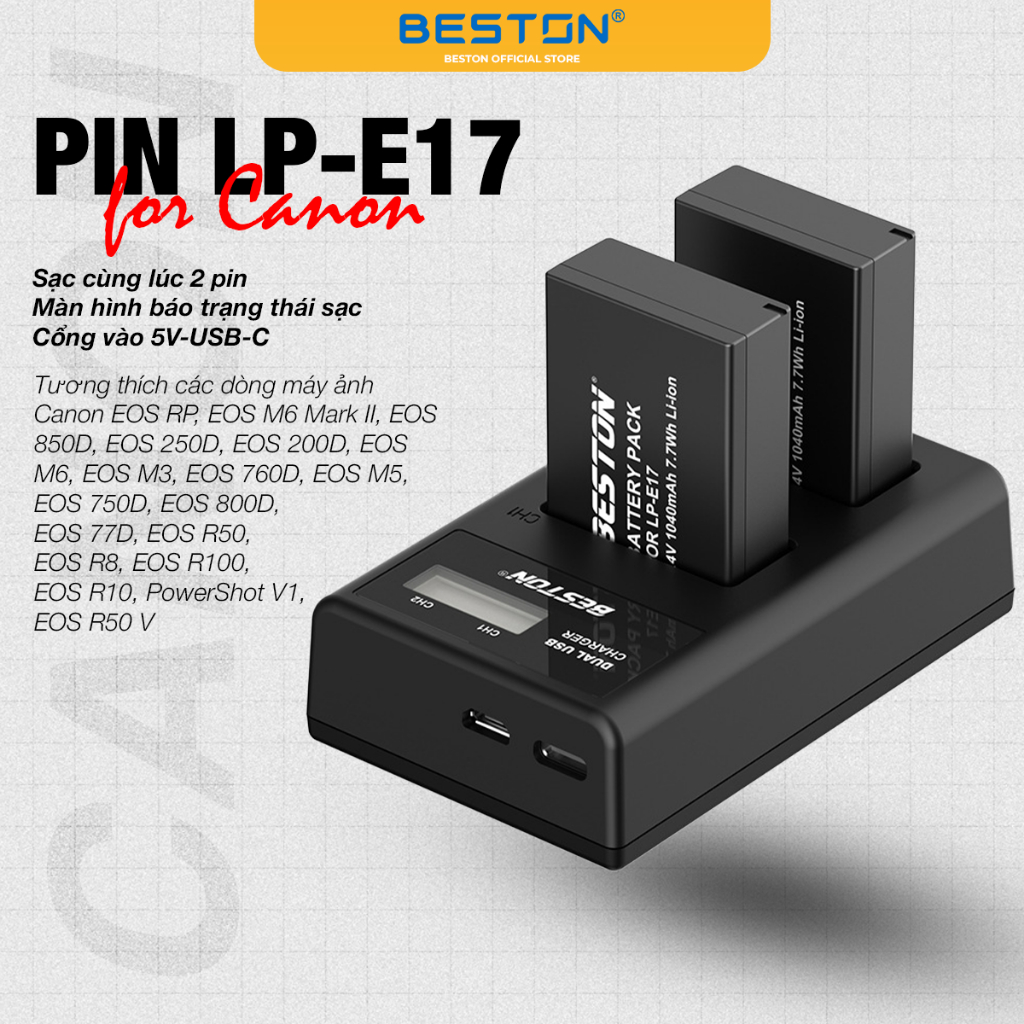 Pin máy ảnh Beston LP-E17 dùng thay thế cho pin Canon E17, tương thích với các dòng máy ảnh của Cano