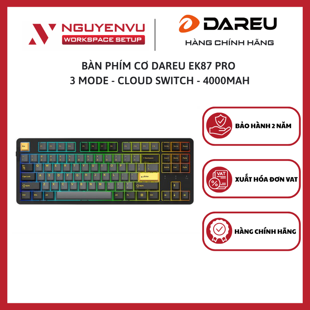 Bàn phím cơ DAREU EK87 PRO - 3 Mode - Cloud switch - 4000mAh - Hotswap 5 pin - Hàng chính hãng