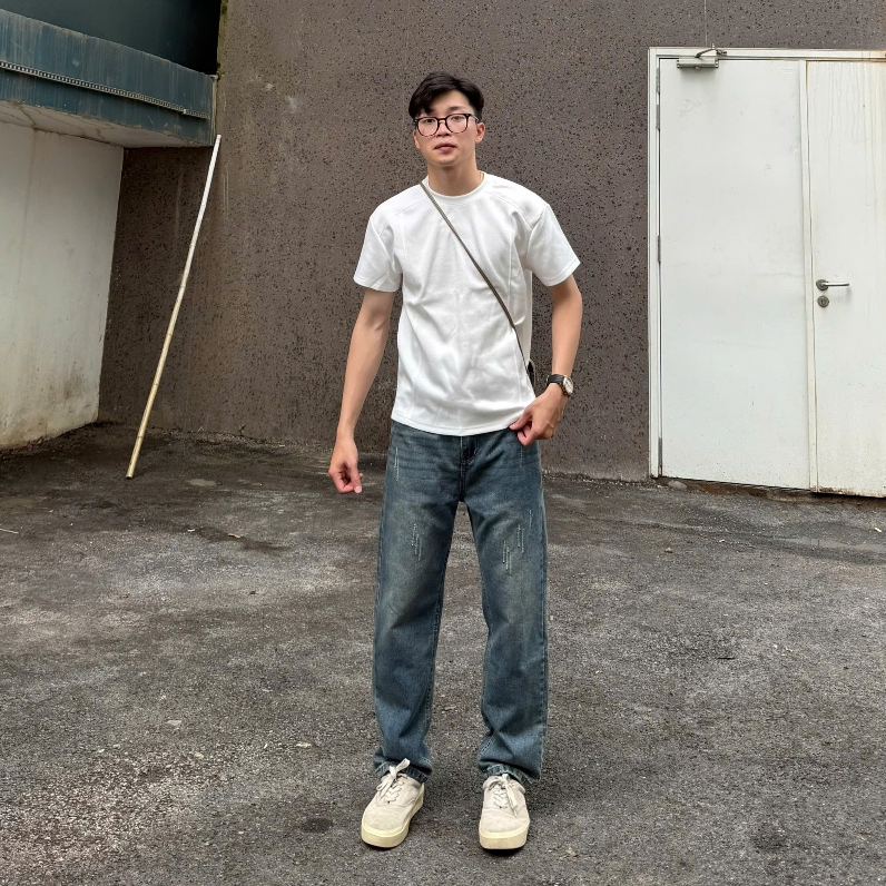 Quần jean nam ống suông màu Xanh wash xước phong cách basic Menswear Lưng cao, quần bò nam dài streetwwear đủ size S-XXL