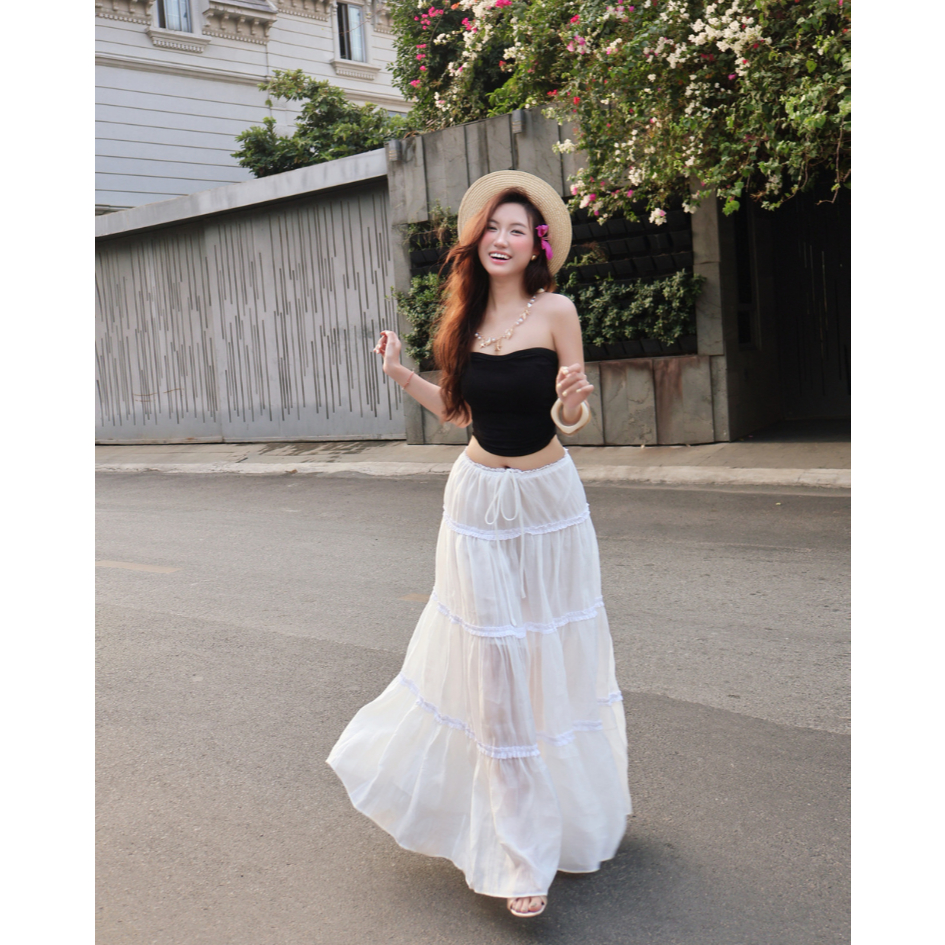 Chân Váy Maxi Bốn Tầng Rút Dây Eo La Boutique Freesize V027 | BigBuy360 - bigbuy360.vn