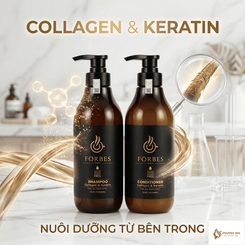 Bộ Gội Xả Forbes Paris Collagen & Keratin Dưỡng Tóc Suôn Mượt Bóng Khỏe 500ml