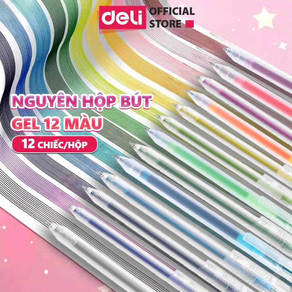 (Hộp 12 cây) EG118 Bút bi nước mực gel bấm nhiều màu 0.5mm Deli EG118