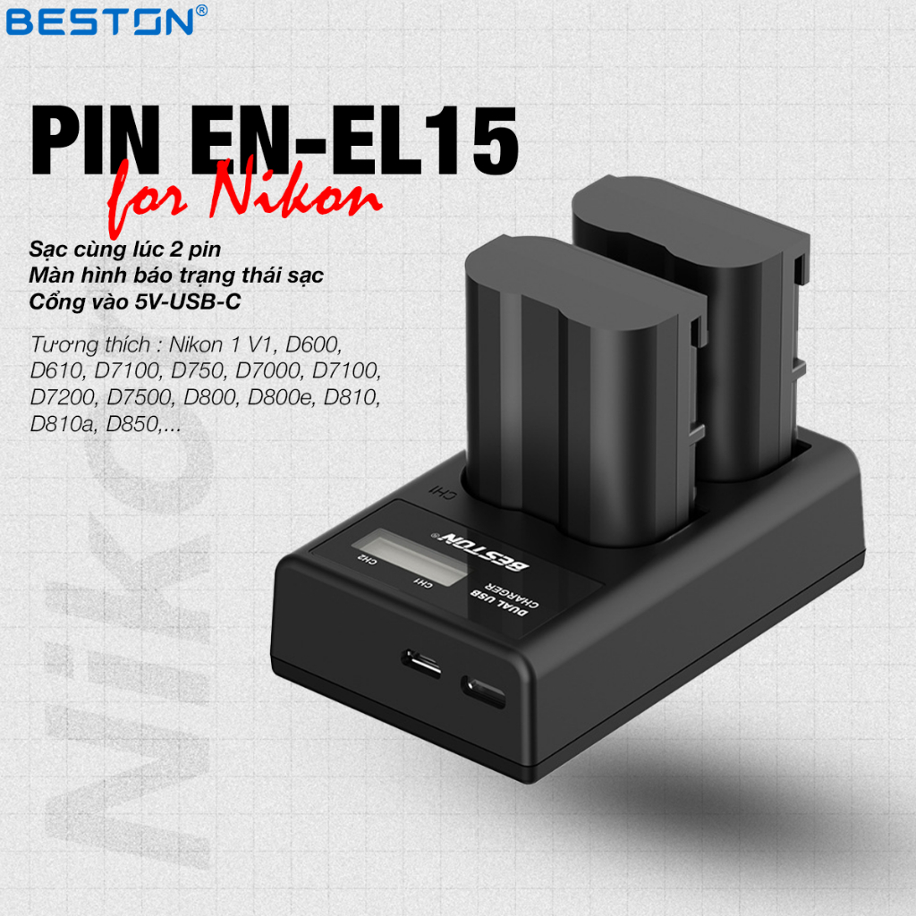 Dock sạc 2 + 2 Pin Nikon EN-EL15 Beston Cho Máy Ảnh Nikon D7200 D800 D800E D810 D850 (Hàng Chính Hãn