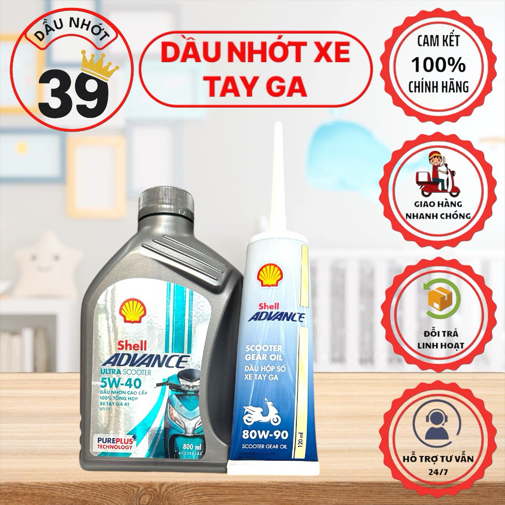 Combo nhớt xe tay ga Chính Hãng SHELL ADVANCE UTRA Scooter 5W40 800ml+nhớt hộpsố SHELL 80W90 >>[CAM 