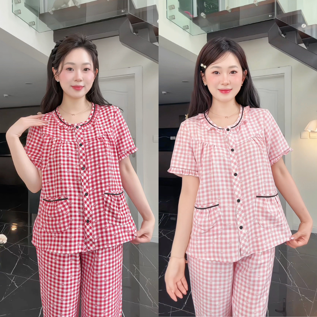Đồ bộ mặc nhà Lila cọc tay áo quần có túi kẻ caro cao cấp mềm mịn, mát khi mặc