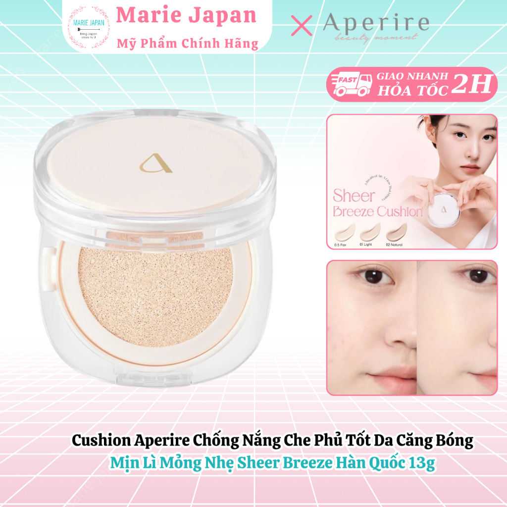 Cushion Aperire Chống Nắng Che Phủ Tốt Da Căng Bóng Mịn Lì Mỏng Nhẹ Sheer Breeze Hàn Quốc 13g