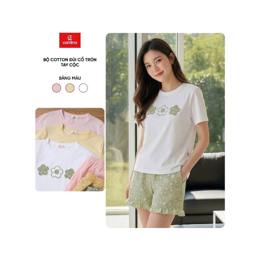 Đồ bộ mặc nhà nữ CARDINA chất cotton áo cổ tròn tay cộc và quần đùi 6BCN03.