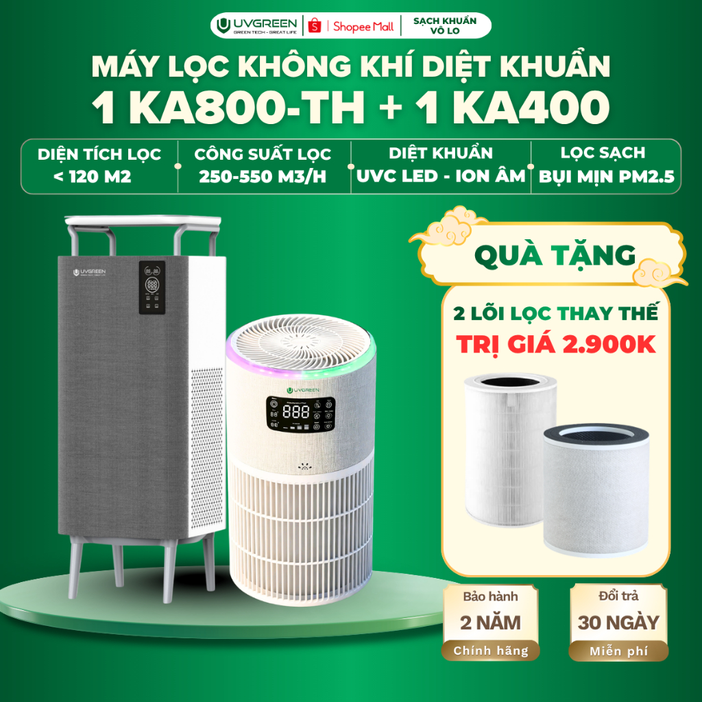 [TẶNG 2 LỌC] Combo 2 Máy Lọc Không Khí UVGREEN KA800-TH & KA400, UVC LED & Ion Âm Diệt Khuẩn
