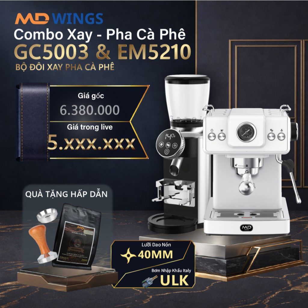 COMBO Máy pha cà phê MDWINGS EM5210 công suất 1350W, 20bar và Máy xay cà phê MDWINGS GC5003 công suấ