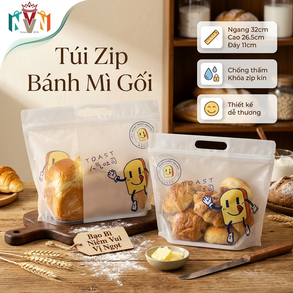 50 Túi Zip Bánh Mì Sandwich, Túi Zip Bánh Kẹo, Túi Zip đựng Quà hình dễ thương (size To)