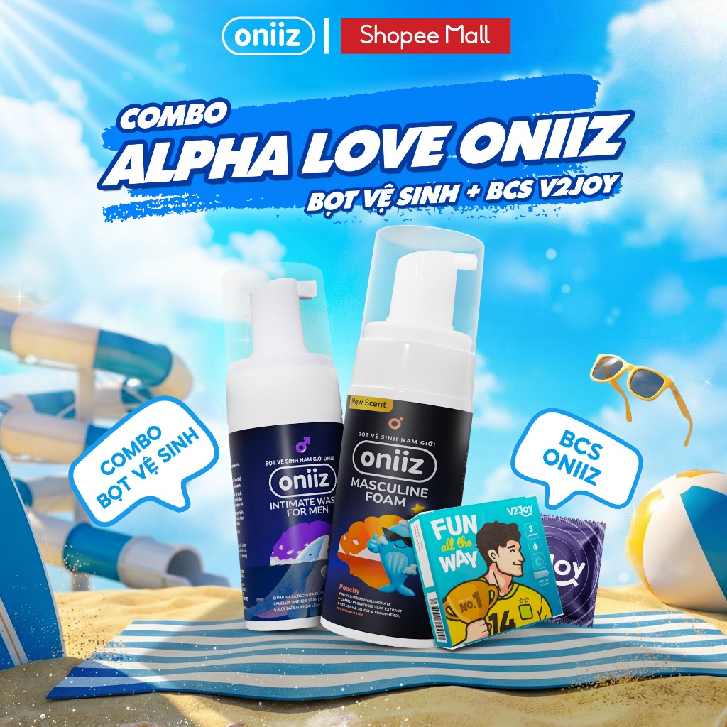 Combo Alpha Love Oniiz - Bọt vệ sinh nam giới, dung dịch vệ sinh nam và Bao cao su V2joy