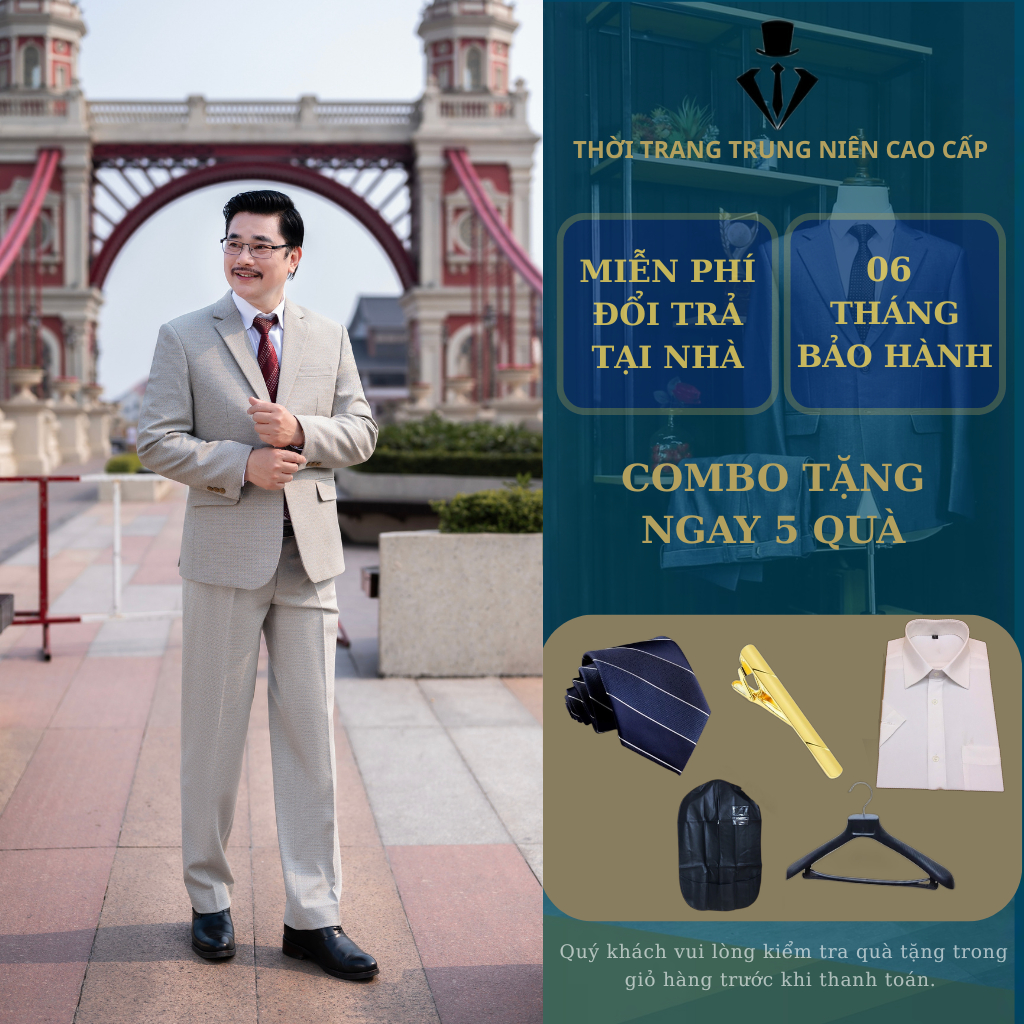 Bộ Vest Nam Trung Niên, Vest nam Trung Tuổi dáng suông hai khuy, hàng xuất khẩu cao cấp ( Tặng Calav