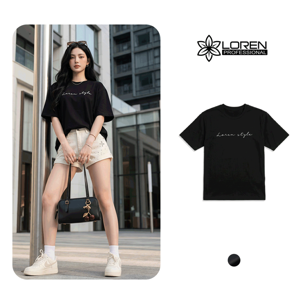 LOREN - Áo Thun Nữ Form Suông Đen In Chữ Loren Style Năng Động Dễ Phối A2742