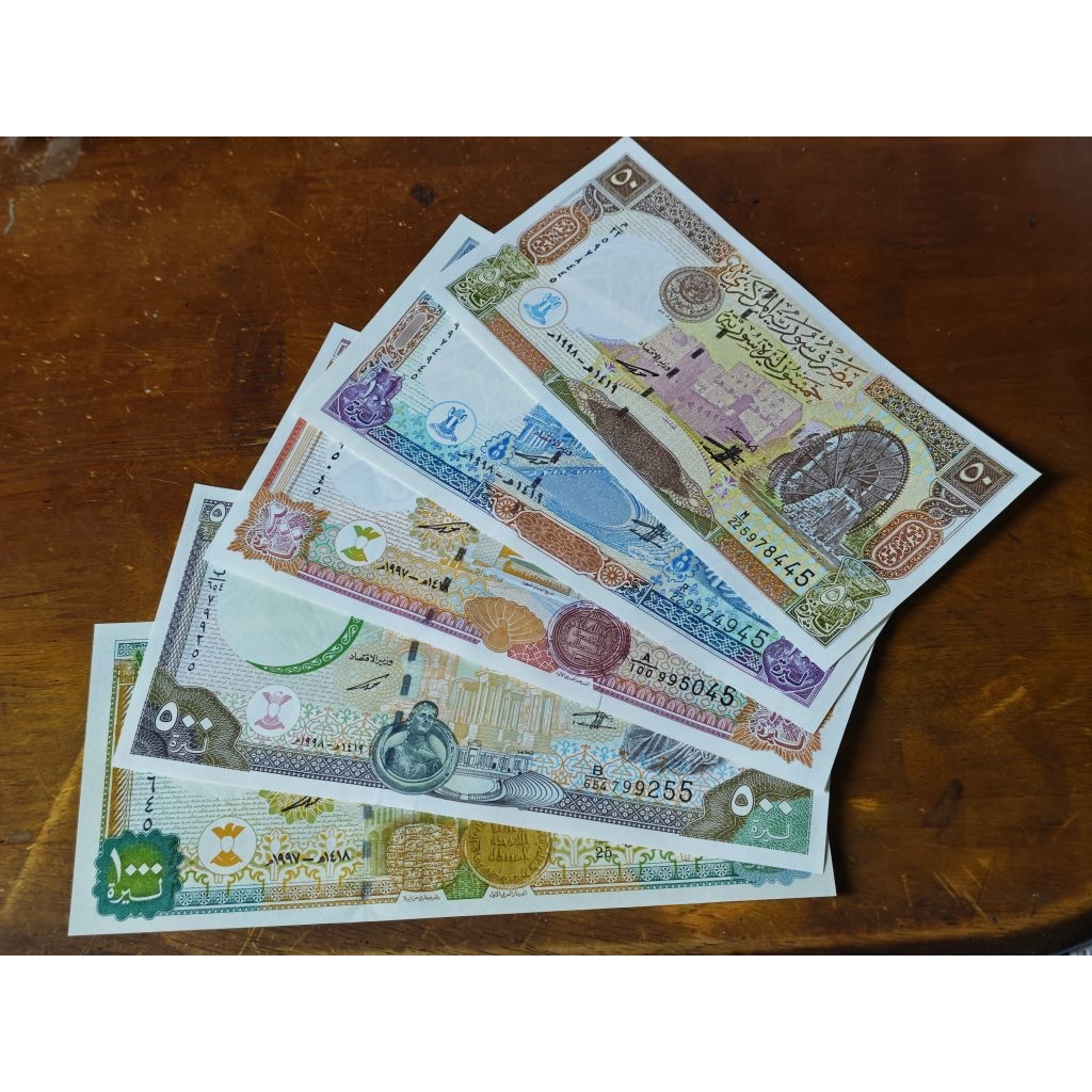 Sưu tầm Châu Á xưa: 5 mệnh giá 50-1000 Pounds - Syria 1997-98. Mới 100% UNC.