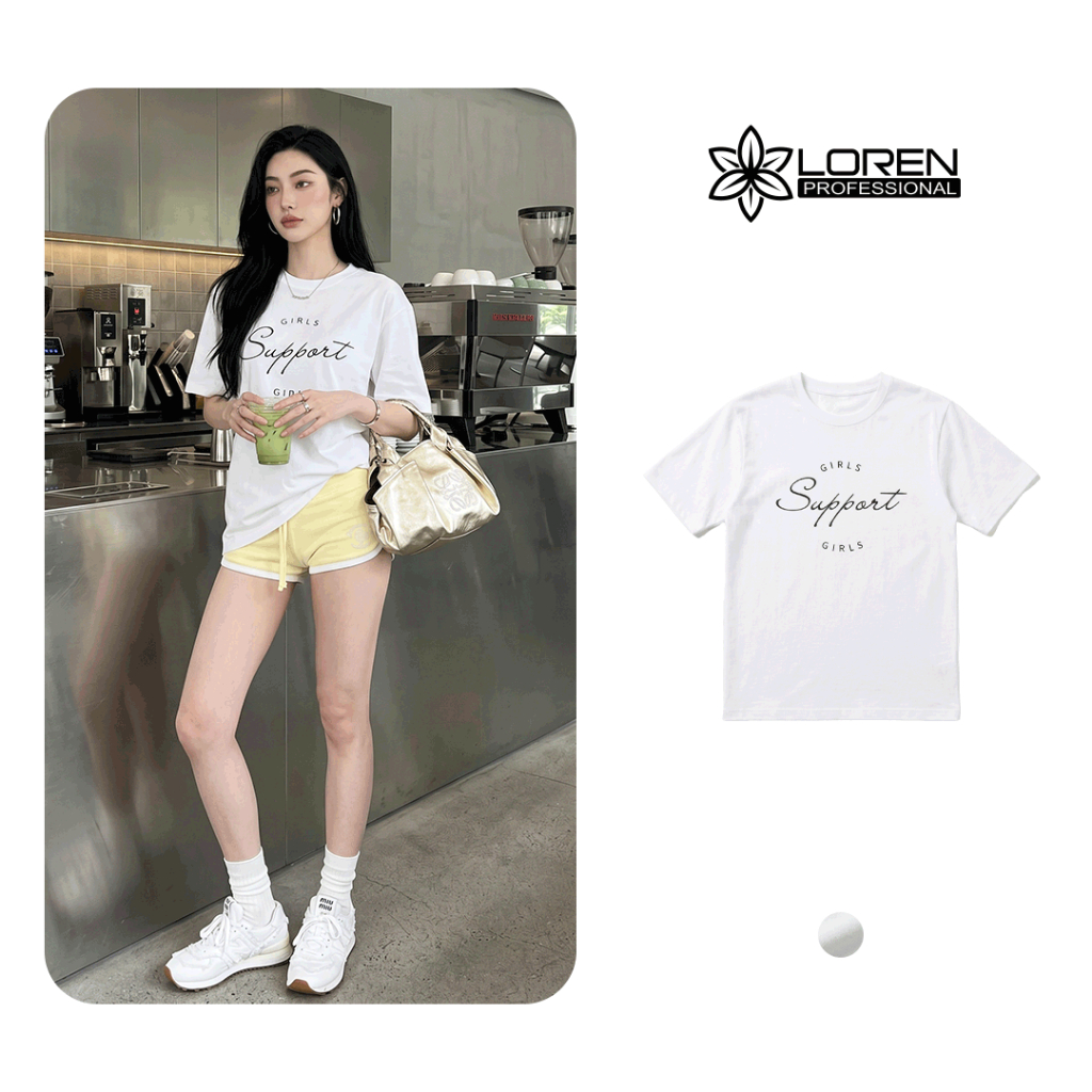 LOREN - Áo Thun Nữ Form Suông Trắng In Chữ Girls Support Năng Động Dễ Phối A2675